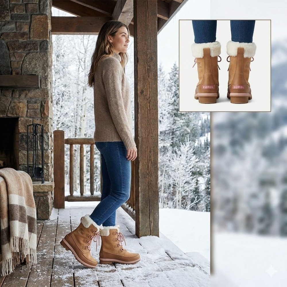 Sorel Explorer II Joan Cozy Boots Youth 6 (Fits Wmns 7.5) Suede Taupe Faux Fur
